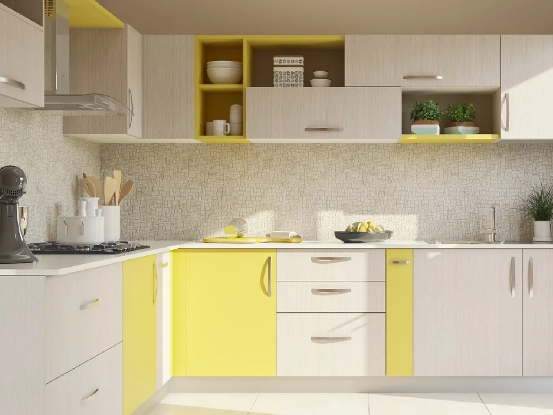 Light Colored Laminate L-Shaped Modular Kitchen