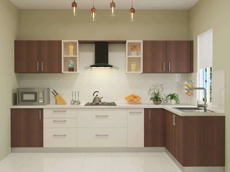 Brazillian Walnut and Champagne L-Shaped Modular Kitchen