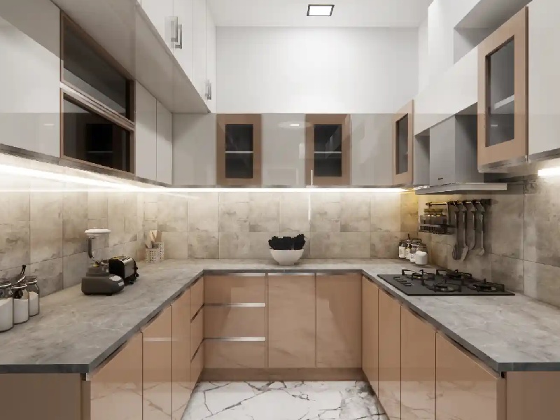 Gray U-Shaped Modular Kitchen