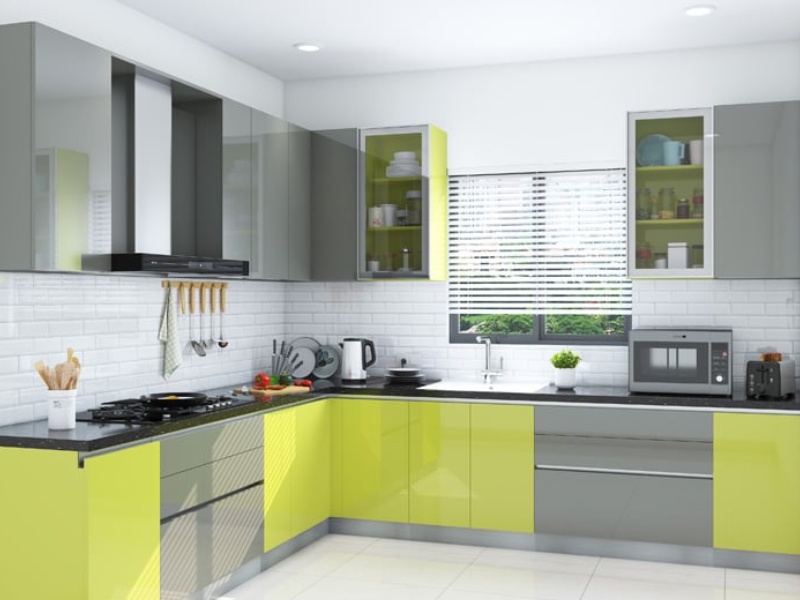 Light Colored Laminate L-Shaped Modular Kitchen