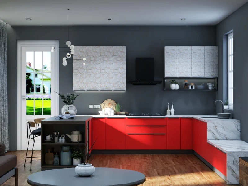 Red with Gray U Shaped Modular Kitchen