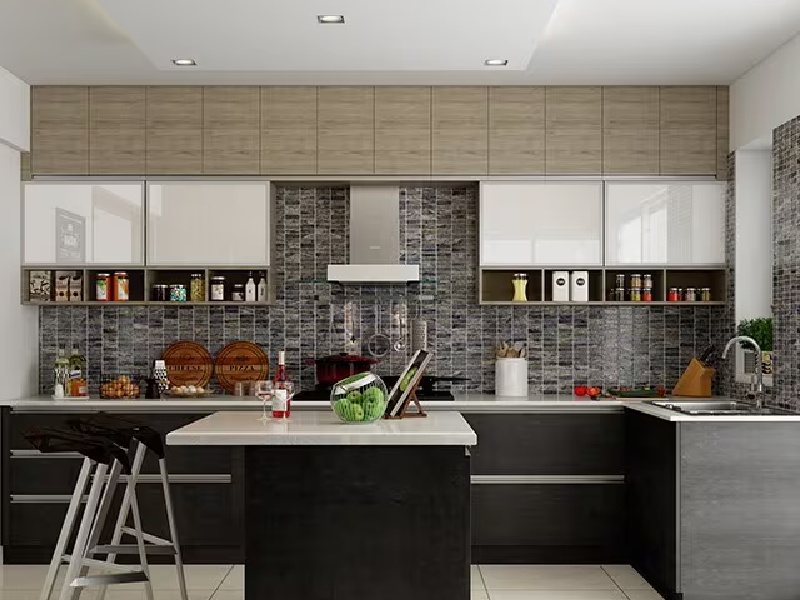 Gray L-Shaped Island Modular Kitchen